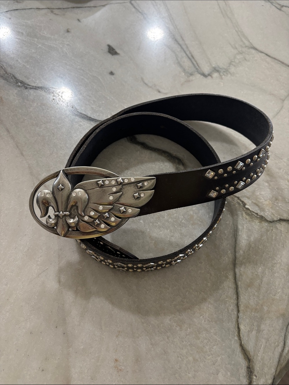 Brown Studded Leather Belt with Winged Emblem